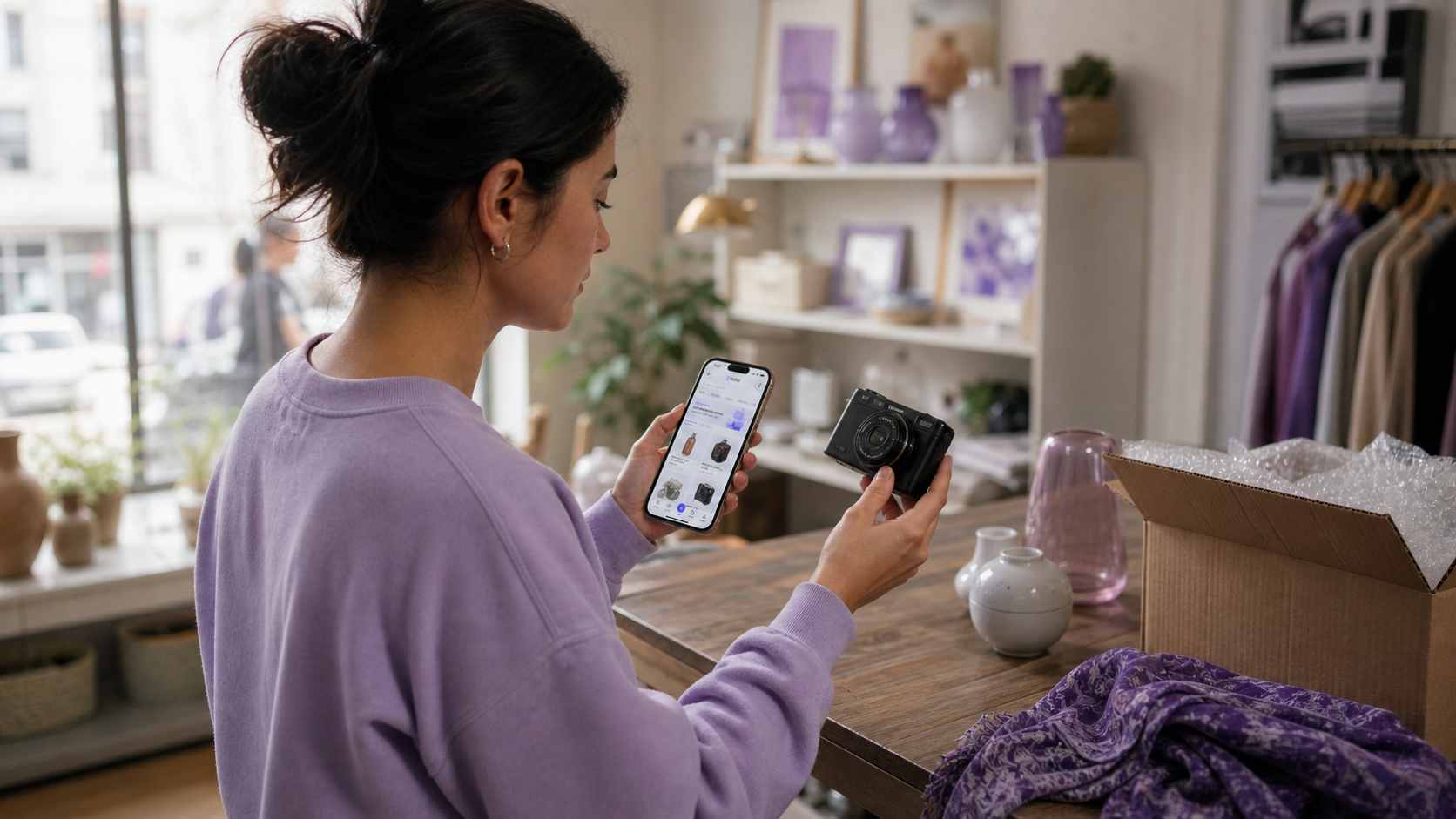 Buyer evaluating a pre-owned camera while using Dollar Flip
