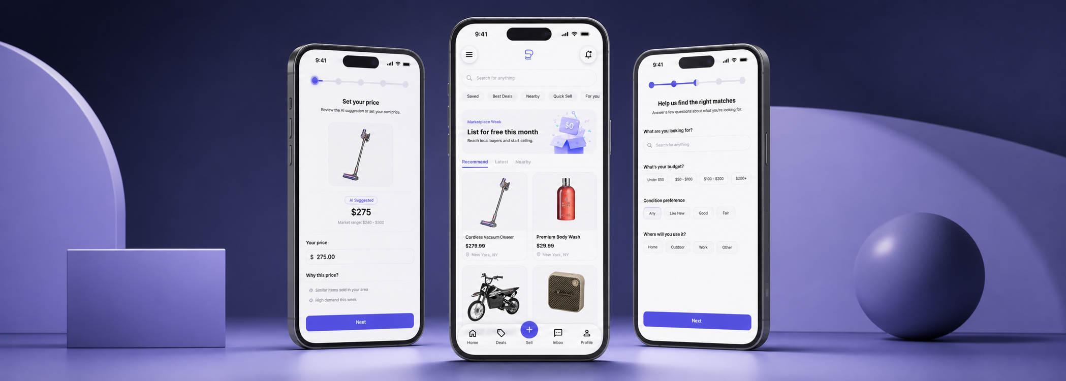 Dollar Flip marketplace, AI pricing, and guided buying experiences shown across three phones