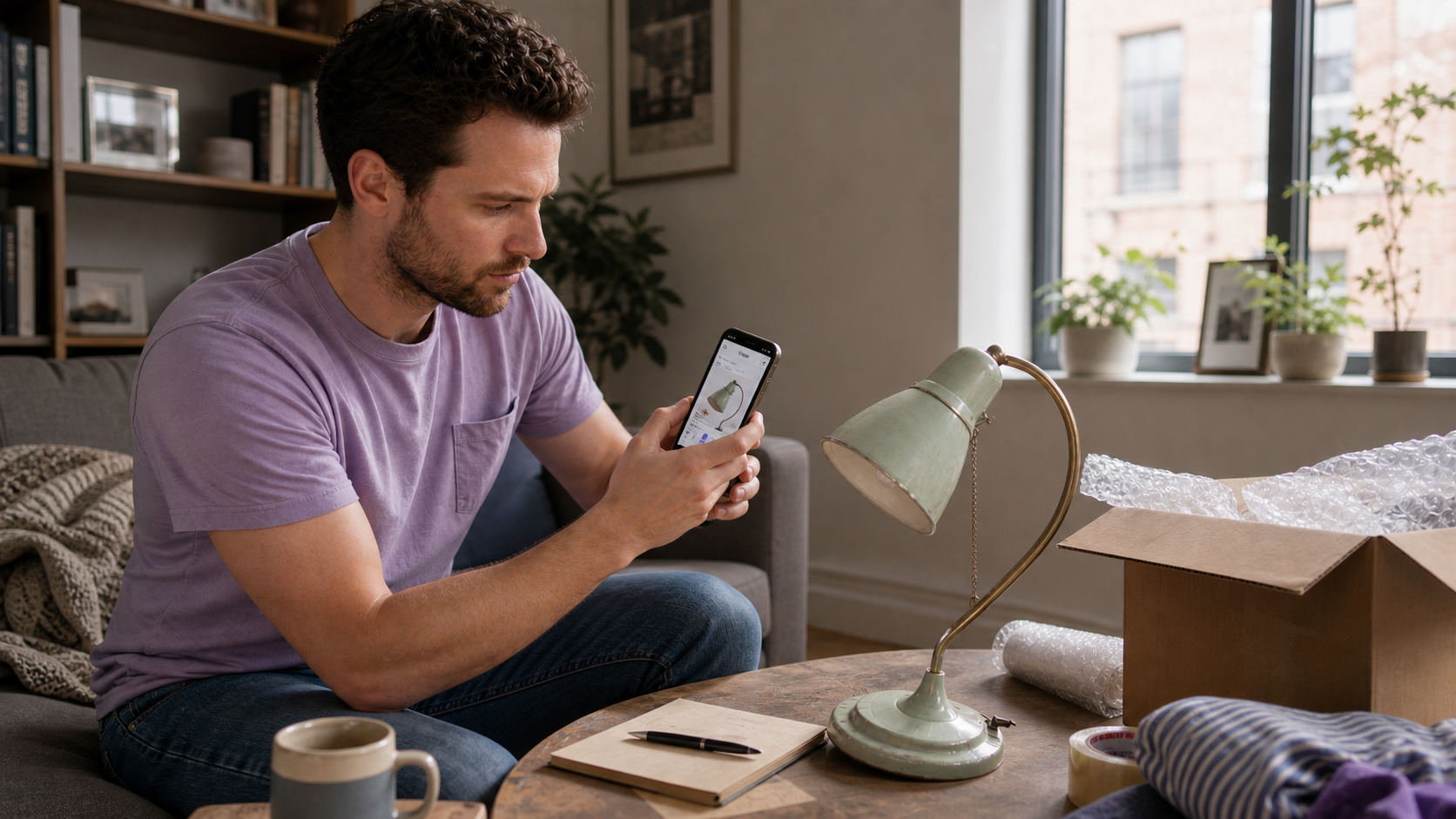 A seller photographing a vintage lamp for a Dollar Flip listing at home