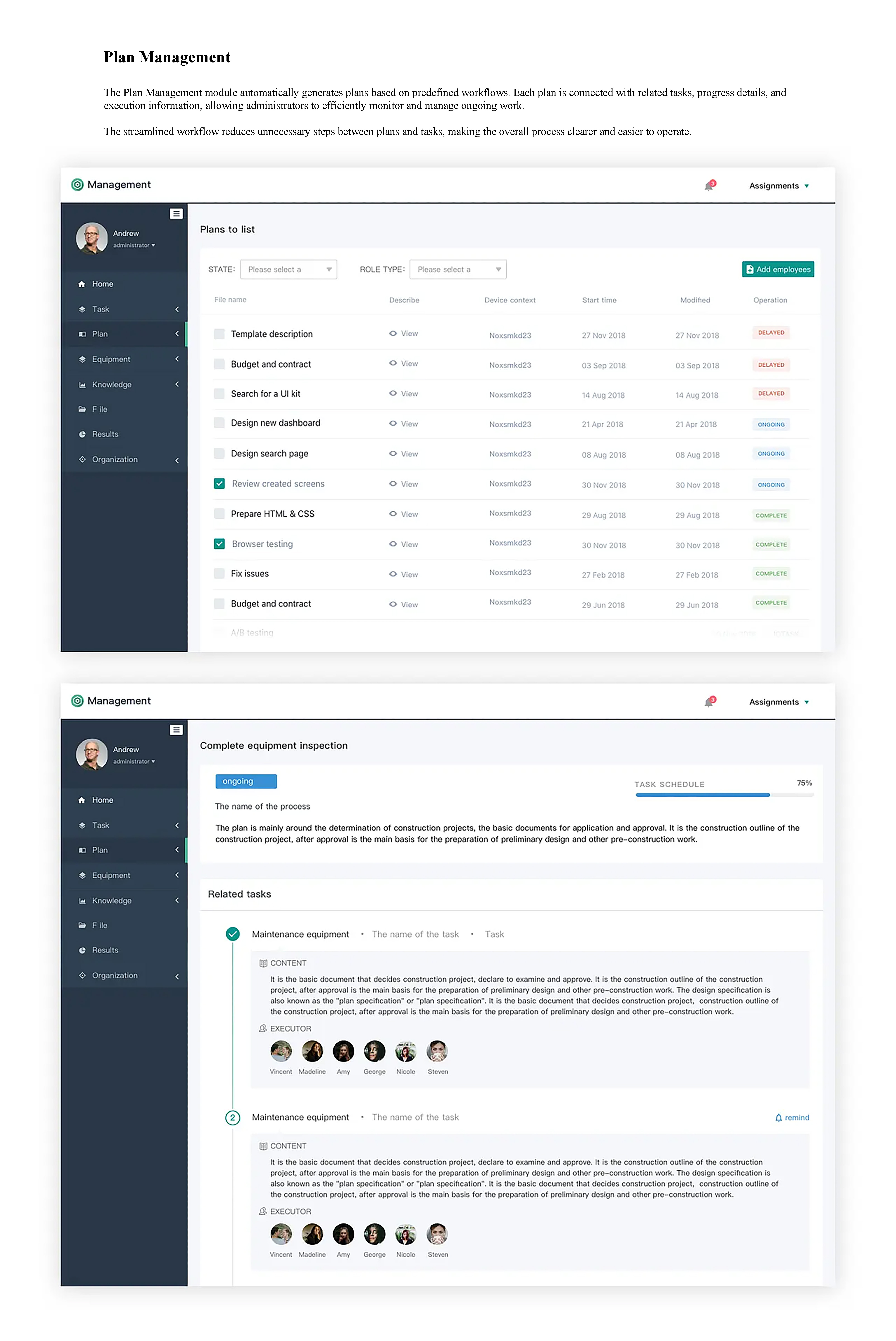 Operation Management System task and equipment management screens