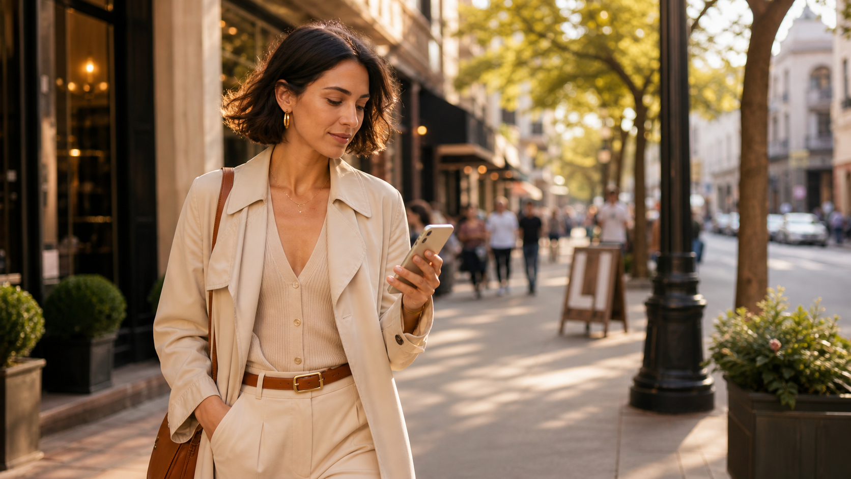 A person using Polyverse while exploring a city neighborhood